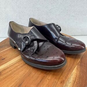 Clarks Burgundy Leather Monk Strap Oxford Dress Shoes Perforated Toe Women 7.5US